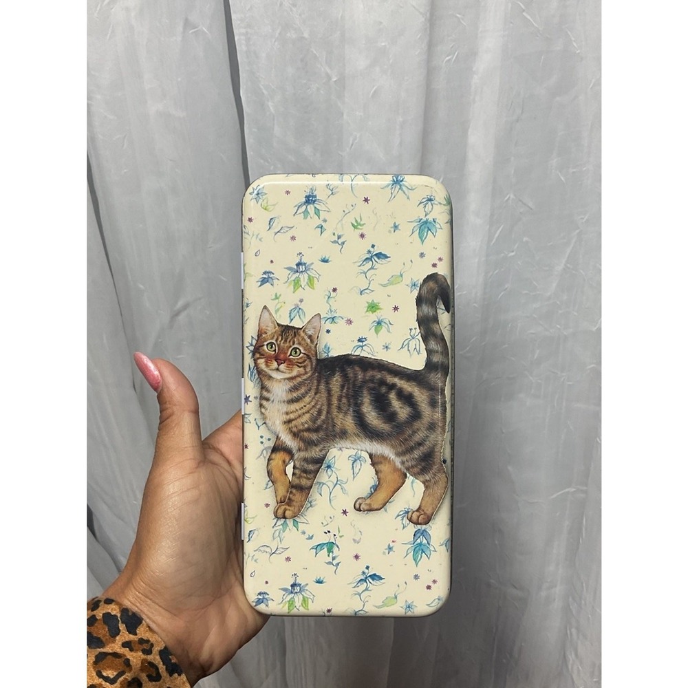 Vintage VHTF Metal Hinged Boxes Box Cat Kitten Tabby Debby Cook htf ~7.5x3.75"‎